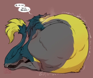 anthro belly big_belly bloated fangs fully_inside fur green_body green_fur grey_body grey_fur holding_belly kneeling male male_pred oral_vore pawpads paws red_eyes resting_on_belly rumbling_stomach size_difference smaller_pred smile smirk solo speech_bubble tail tail_tuft teeth text tuft unseen_prey vore yellow_body yellow_fur el-tero brom_(sahurus) sergal 6:5 english_text hi_res