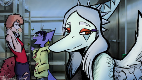 anthro biped black_bottomwear black_clothing black_pants black_topwear blue_body bone_frill bottomwear breasts clothed clothed_anthro clothed_female clothed_male clothing collar electronics eyes_closed feathered_tail feathered_wings feathers female female_anthro fingers frill_(anatomy) grey_body grey_feathers grey_hair group hair half-closed_eyes hand_in_pocket happy head_turned headphones headphones_around_neck hoodie humanoid_hands inside kitchen laugh long_hair looking_at_viewer male male_anthro markings medium_breasts narrowed_eyes non-mammal_breasts open_mouth orange_hair pants photo_background pink_body pockets purple_body purple_hair red_body red_clothing red_eyes red_feathers red_shirt red_tank_top red_topwear shirt short_hair side_view smile spiked_collar spikes striped_markings stripes tail tank_top topwear torn_bottomwear torn_clothing torn_pants trio wings yellow_clothing yellow_hoodie yellow_topwear joebamna goodbye_volcano_high ko_op_(game_developer) fang_(gvh) reed_(gvh) trish_(gvh) ceratopsian ceratopsid chasmosaurine dinosaur dromaeosaurid marginocephalian ornithischian prehistoric_species pterosaur reptile saurischian scalie theropod triceratops velociraptor 16:9 colored digital_media_(artwork) hi_res mixed_media photography_(artwork) shaded widescreen