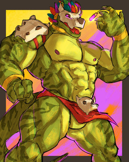 abs anthro biceps bone bone_mask bottomwear clothing loincloth male mask muscular muscular_anthro muscular_male nipples pecs skull skull_accessory skull_mask solo striped_body stripes tail rolenzoart terraria witch_doctor_(terraria) lihzahrd lizard lizardman reptile scalie hi_res
