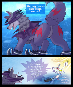 bat_wings bestiality blade butt digiphilia featureless_crotch female feral fluffy fluffy_tail fur group human_on_feral interspecies male male/female membrane_(anatomy) membranous_wings null presenting purple_body purple_fur quadruped rear_view tail text wings vavacung bandai_namco digimon digimon_story:_cyber_sleuth canid canine canis digimon_(species) felid feline felis gatomon human mammal sangloupmon spirit wolf comic english_text hi_res
