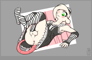 anthro anus armwear balls blush border butt clothed clothing crossdressing elbow_gloves embarrassed femboy fingerless_gloves footwear fur genital_outline genitals gloves grey_border handwear legwear looking_down lying maid_uniform male no_underwear on_back pattern_clothing pattern_footwear pattern_legwear pattern_socks presenting simple_background socks solo striped_clothing striped_footwear striped_legwear striped_socks stripes uniform upskirt white_body white_fur tenides reggie_(whygena) mammal mouse murid murine rodent 2021 hi_res