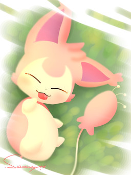 ambiguous_gender big_head big_tail black_nose blush eyes_closed feral fur grass looking_at_viewer lying multicolored_body multicolored_fur on_grass on_ground on_side pink_body pink_ears pink_fur pink_tail plant purple_inner_ear solo tail tongue tongue_out two_tone_body two_tone_fur yellow_body yellow_fur conditional_dnp xammyxx nintendo pokemon generation_3_pokemon pokemon_(species) skitty 2026 3:4 digital_media_(artwork) english_description hi_res ibispaint_(artwork) lineless shaded signature watermark