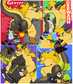 anthro anthro_pred anthro_prey anus balls blonde_hair bodily_fluids bone clothing cum dialogue digestion duo erection fart fur genital_fluids genitals hair head_first horn internal jockstrap kneeling male male_pred male_prey masturbation neck_bulge nipples oral_vore protein_powder saliva size_difference skull stomach_acid underwear vore yellow_body yellow_fur thesugarcoon mythology dergun thesugarcoon_(character) dragon mammal mythological_creature mythological_scalie procyonid raccoon scalie comic hi_res