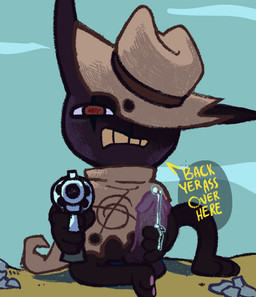 angry big_penis bodily_fluids clothed clothing genital_fluids genitals gun handgun hat headgear headwear humanoid_genitalia humanoid_penis male obscured_face penis precum ranged_weapon revolver solo speech_bubble text threatening_with_weapon weapon c-jay mewgenics zodiac_(mewgenics) felid feline mammal