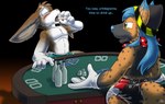 anthro beverage blue_hair blush butt canid canine catmonkshiro clean_diaper clothed clothing dialogue diaper diaper_only drinking duo embarrassed english_text fox hair hybrid hyena hyox lagomorph laxative laxatives leporid male mammal markings omorashi pantsless poker poker_table rabbit smug spots spotted_body text tokky topless wearing_diaper