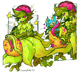 ambiguous_gender anthro blue_body blue_fur bottomwear clothing duo ear_piercing emanata female flower fur green_body heart_symbol leaf markings piercing pink_eyes pink_flower pink_tongue plant plant_pred sharp_teeth simple_background skirt smile spots spotted_body teeth thorns tongue vines vore white_background cammypuppy elemental_creature elemental_humanoid flora_fauna humanoid plant_humanoid 2025 dated hi_res
