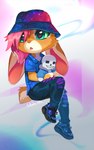 ambiguous_gender anthro brown_body brown_fur clothed clothing footwear fur green_eyes green_sclera hair pink_hair shoes sitting solo skeleion undertale_(series) ash_bunny_(skeleion) sans_(undertale) lagomorph leporid mammal rabbit digital_media_(artwork) shaded