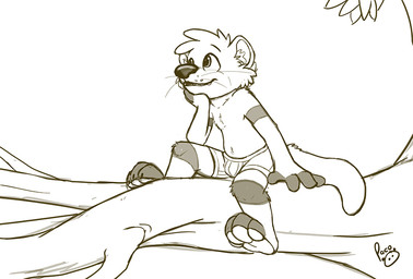 anthro blue_eyes clothed clothing fangs glistening glistening_eyes in_tree logo male outside pawpads plant sitting smile solo teeth topless tree whiskers young young_anthro young_male pandapaco mammal mustelid otter artist_logo monochrome signature sketch