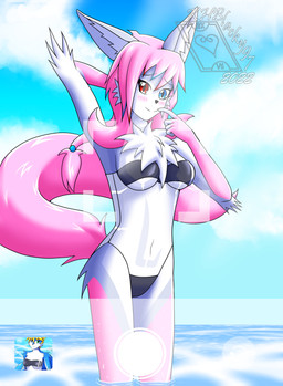 anthro blush breasts camera_view clothing female fur fur_markings markings one-piece_swimsuit photo raised_arm sea shy_smile solo swimwear translucent translucent_clothing translucent_swimwear under_boob water khblacky97 gris_swimsuit meme_clothing shion_ikigai canid canine fox mammal absurd_res hi_res meme