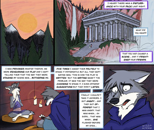 4_fingers 4_toes age_difference anthro black_nose blue_eyes cloak clothed clothed_anthro clothed_male clothing dialogue duo fangs feet fingers forest fur grey_body grey_fur hand_wraps hindpaw humanoid_hands male morning mountain multicolored_body multicolored_fur nature paws plant shirt sitting speech_bubble tail teeth temple text toes tongue topwear trauma traumatized tree tunic two_tone_body two_tone_fur white_body white_fur wraps spiritofash andreas_(spiritofash) canid canine canis mammal wolf absurd_res comic english_text hi_res