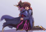 anthro belt black_body black_sclera brown_hair cape claws clothing duo glowing glowing_eyes hair horn hug hugging_another hugging_from_behind male mstdndkkkkk bandai_namco digimon digimon_ghost_game hiro_amanokawa digimon_(species) gulusgammamon human mammal