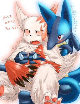ambiguous/ambiguous ambiguous_gender anthro blush bodily_fluids duo fur heart_symbol red_eyes simple_background sweat white_body white_fur sheeque nintendo pokemon generation_3_pokemon generation_4_pokemon lucario pokemon_(species) zangoose 2015
