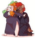 anthro big_breasts big_butt black_clothing black_dress breasts brown_body brown_fur butt cleavage clothed clothing dress duo ear_tuft eyewear female frohawk fully_clothed fur fur_markings glasses green_hair hair hair_up hand_holding heart_symbol highlights_(coloring) holding_arm kissing kneeling larger_male love male male/female markings orange_hair pinstripes red_hair showing_leg size_difference slightly_chubby slightly_chubby_female slit_dress smaller_female smile split_color_hair spots spotted_body spotted_fur suit suit_jacket tied_hair tuft white_body white_fur wide_hips monsterbetch schopenhauer the_addams_family gomez_addams manna-mint morticia_addams mr.hakkai bear canid canine canis domestic_dog hybrid hyena mammal poodle hi_res