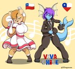 anthro big_breasts blue_body bottomwear breasts brown_body chile chilean chilean_flag clothing crossgender dancing dress duo female hair happy male male/female purple_hair skirt tail xdragoncam fiestas_patrias_(chile) nintendo pokemon kyu_(vaporeon) pachy_squirrel eeveelution generation_1_pokemon mammal pokemon_(species) rodent sciurid tree_squirrel vaporeon absurd_res hi_res