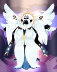 big_breasts black_body black_skin breasts clothing cloud crown curvy_figure eyes_closed feathered_wings feathers female food halo headgear huge_breasts shirt sky solo topwear tunic voluptuous wings captainkirb cookie_run avatar_of_destiny_(cookie_run) angel biblically_accurate_angel cookie_(cookie_run) entity food_creature food_humanoid humanoid absurd_res hi_res