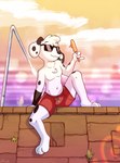 :3 anthro barefoot body_hair brick_wall chest_hair chest_tuft clothing eyewear feet food hair head_tuft male no_shoes popsicle solo spots street_lamp sunglasses swimming_trunks swimwear tuft wall_(structure) whussyarx 101_dalmatian_street 101_dalmatians disney drew_dalmatian_(slightlyarousedguy) fan_character canid canine canis dalmatian domestic_dog mammal hi_res