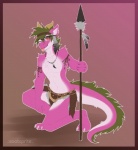 anthro border bottomwear clothed clothing countershading eyewear feathers fur glasses gradient_background green_hair grey_body grey_feathers hair horn jewelry loincloth melee_weapon necklace pink_body pink_fur polearm red_eyes simple_background spear tail tongue weapon white_body white_countershading sootsprite mythology diandre dragon furred_dragon furred_scalie mythological_creature mythological_scalie scalie 2017