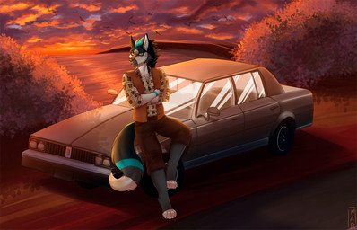 accessory anthro beach bottomwear butt car clothed clothing cloud detailed_background fluffy fur hair heart_symbol jacket looking_at_viewer love male multicolored_body narrowed_eyes outside paws sand sea seaside shirt shorts side_view sky smile solo summer sunset topwear vehicle water white_body white_fur narikusha canid canine canis mammal wolf digital_media_(artwork) hi_res shaded