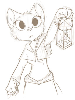 anthro big_eyes clothing female lamp lantern robe solo briskby microsoft prequel_adventure the_elder_scrolls katia_managan felid khajiit mammal black_and_white monochrome sketch