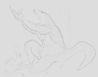 ambiguous_feral ambiguous_gender anthro belly big_belly claws duo feral finger_claws holding_another male male_anthro mouth_closed navel nude outside overweight overweight_anthro overweight_male plant scales side_view sitting tail tree aduran avian mammal pangolin absurd_res hi_res monochrome sketch