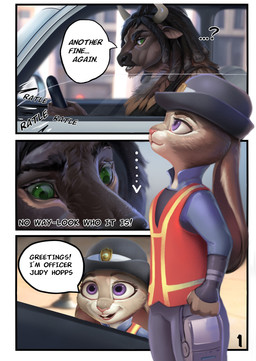 anthro bowler_hat car clothed clothing covering covering_mouth dialogue dreadlocks duo eyebrows female fingers fur green_eyes grey_body grey_fur grey_tail hat headgear headwear horn long_ears looking_down male on_model police police_hat police_officer police_uniform purple_eyes safety_vest speech_bubble tail text topwear uniform vehicle vest acupa silgiriya_mantsugosi disney zootopia judy_hopps bison bovid bovine lagomorph leporid mammal oryctolagus rabbit comic english_text hi_res