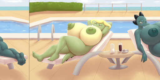 4_toes anthro areola big_breasts blush breasts container cup duo eyes_closed feet female glass huge_breasts humanoid_feet hyper hyper_breasts looking_at_viewer lying nipples non-mammal_breasts non-mammal_nipples on_back on_front outside plantigrade poolside sharp_teeth soles swimming_pool teeth toes hyperstorm_h marauder6272 camp_lazlo cartoon_network night_in_the_woods bea_santello gretchen_(camp_lazlo) crocodile crocodilian reptile scalie 2020 absurd_res digital_media_(artwork) hi_res long_image wide_image