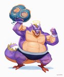 2_horns 3_toes anthro biceps clothed clothing facial_horn fangs feet halo horn male musclegut muscular nose_horn overweight overweight_male pecs solo talons teeth toes topless gamutfeathers dragon_ball maraikoh hi_res