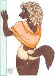 anthro biped black_nose bottomless bottomless_anthro bottomless_female brown_body brown_eyes brown_fur brown_inner_ear butt claws clothed clothed_anthro clothed_female clothing ear_hoop ear_piercing ear_ring female female_anthro finger_claws fingers fur genitals grey_claws hair hoop_ear_ring legs_together looking_at_viewer looking_back looking_back_at_viewer medium_hair multicolored_body multicolored_fur open_mouth orange_clothing orange_shawl piercing pose pupils pussy rear_view ring_piercing shawl simple_background solo tail tan_body tan_ears tan_fur tan_hair two_tone_body two_tone_fur white_background terrie_smith gulonine mammal mustelid musteline wolverine 2024 dated marker_(artwork) pinup portrait signature three-quarter_portrait traditional_media_(artwork)