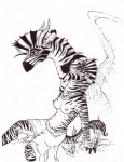 anthro breasts clothed clothing duo female horn membrane_(anatomy) membranous_wings nipples stripes tail topless wings rose_quoll equid equine mammal zebra black_and_white monochrome pen_(artwork) traditional_media_(artwork)