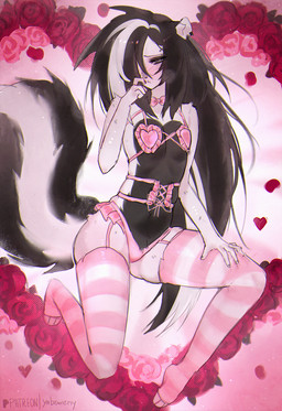 anthro bed bedroom_eyes black_body black_eyelids black_fur black_hair blush bodily_fluids clothing eyebrow_piercing facial_piercing female flat_chested flower fluffy fur furniture green_eyes hair hair_over_eye holidays legwear lingerie long_hair looking_at_viewer lying multicolored_body multicolored_hair narrowed_eyes on_back on_bed pattern_clothing pattern_legwear petals piercing pink_clothing pink_legwear pink_lingerie plant romantic romantic_ambiance rose_(flower) seductive shy slim solo stockings striped_clothing striped_legwear stripes sweat two_tone_body two_tone_hair white_body white_fur yabeweny valentine's_day michelle_(yabeweny) mammal mephitid skunk 2026 digital_media_(artwork) hi_res