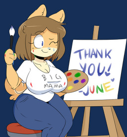 anthro big_breasts biped blue_bottomwear blue_clothing blue_eyes blue_pants bottomwear breasts brown_hair brush canvas cleavage closed_smile clothed clothed_anthro clothed_female clothing collarbone countershade_face countershading easel female fur hair heart_symbol looking_at_object mouth_closed one_eye_closed paint paintbrush painting_(object) palette pants shirt simple_background sitting smile solo t-shirt tan_body tan_fur text text_on_clothing text_on_shirt text_on_t-shirt text_on_topwear thanking topwear transparent_background white_clothing white_shirt white_t-shirt white_topwear jinu june_(jinu) canid canine canis domestic_dog mammal shiba_inu spitz alpha_channel character_name digital_drawing_(artwork) digital_media_(artwork) english_text low_res