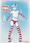 anthro antlers armwear blue_eyes bulge christmas_clothing clothed clothing crossdressing femboy fur hair holidays horn leg_warmers legwear male markings panties pattern_clothing pattern_legwear red_clothing red_panties red_underwear scut_tail short_tail simple_background smile solo spots spotted_body spotted_fur striped_clothing striped_legwear stripes tail underwear white_body white_fur white_hair milo_nettle christmas deer mammal hi_res