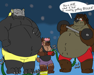 3_feet 3_toes anal anthro barbell belly belly_inflation big_belly big_feet black_body blonde_hair blush brown_body brown_eyes brown_fur brown_hair clothing ear_piercing exercise eyeliner eyewear facial_piercing feet frown fur furrowed_eyebrows glasses group hair hose hose_inflation inflation makeup male musclegut muscular navel nipple_piercing nipples nose_piercing onomatopoeia overweight overweight_anthro overweight_male piercing pink_hair red_eyes shirt size_difference sound_effects tank_top text toes topwear trio underwear wearing_glasses weightlifting whiskers workout melonderp bandai_namco digimon guante hyke_(hykewolffen) hykewolffen vulcan_(dreykodrak) blackwargreymon canid canine canis digimon_(species) hyena mammal wolf hi_res