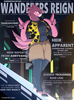 aloha_shirt anthro beak bodysuit clothed clothing eyewear feathers galadri_aven glasses looking_at_viewer magazine male pattern_clothing pattern_shirt pattern_topwear pink_body pink_feathers science_fiction shirt simple_background skinsuit smile solo tail text tight_clothing topwear katauni alter_(katauni) avian bird flamingo absurd_res digital_media_(artwork) english_text hi_res story story_in_description