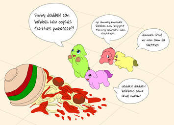 ambiguous_feral ambiguous_gender angry argument baby_talk blue_eyes bowl container feral food fur green_body green_fur green_tail group hooves hungry looking_up_at_another meatball monotone_body monotone_fur offscreen_character open_mouth open_smile pasta pink_body pink_fur purple_tail red_body red_fur red_tail smile spaghetti tail text yellow_body yellow_fur yellow_tail young young_ambiguous young_feral carpdime fluffy_pony fluffy_pony_(species) mammal digital_media_(artwork) english_text intralingual_translation