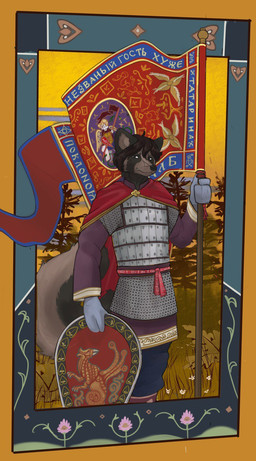 anthro armor banner cape chainmail clothing flag flower gloves handwear looking_at_viewer male medieval_armor medieval_clothing outside painting_(object) plant shield solo tree banoncat canid canine mammal raccoon_dog tanuki 2021 hi_res