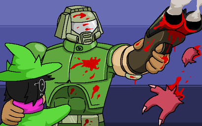 armor belt black_body black_fur blood bodily_fluids clothed clothing duo elbow_pads eyewear fur glasses gloves gore gun handwear hat headgear headwear helmet hug male protecting ranged_weapon robe scarf shotgun smoking_gun visor weapon wizard_hat mammalj deltarune doom_(series) id_software microsoft undertale_(series) doom_slayer ralsei bovid caprine darkner goat human mammal 16:10 2018 widescreen