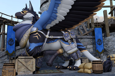 animal_genitalia animal_penis armor balls barrel beak belly_slap belly_slapping_masturbation big_penis black_beak black_body black_fur black_pawpads black_penis blue_body blue_fur box claws container crate equine_genitalia equine_penis erection feral flared_penis fur genitals harness hybrid_genitalia hybrid_penis knot knotted_equine_penis knotted_penis looking_at_viewer male medial_ring motion_blur outside pawpads paws penis quadruped rug sheath size_difference sky slap solo spread_wings standing stone_bricks tail toe_claws white_balls white_body white_fur white_sheath wings yellow_eyes yellow_knot malfaren_(artist) mythology shevarius_(malfaren) avian gryphon mythological_avian mythological_creature 2026 3d_(artwork) absurd_res blender_(artwork) blender_cycles_(artwork) digital_media_(artwork) hi_res