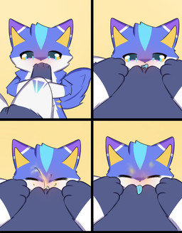 anthro blue_body blue_eyes blue_fur blush bodily_fluids cum cum_in_mouth cum_inside drinking drinking_cum duo feet female foot_fetish foot_play front_view fur genital_fluids genitals intersex intersex/female intersex/male licking lying male male/female multicolored_body multicolored_fur spread_legs spreading tongue urine vaginal vulva white_body white_fur shiningcanc canid canine canis domestic_dog mammal comic hi_res