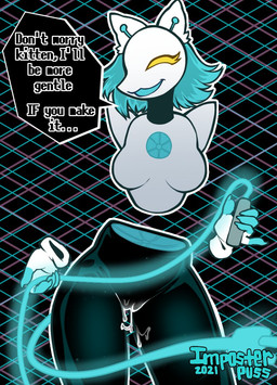 abstract_background anthro blue_hair bodily_fluids breasts cum cum_drip cum_from_vagina cum_in_vagina cum_inside cum_smuggling dialogue dripping female floating_hands genital_fluids genitals glowing glowing_weapon hair holding_object holding_whip leaking_cum machine open_mouth open_smile smile solo speech_bubble talking_to_viewer text vulva whip yellow_eyes imposterpuss deltarune undertale_(series) tasque_manager darkner felid mammal robot 2021 english_text