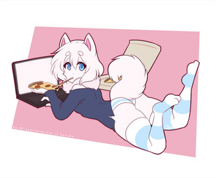 anthro blue_clothing blue_panties blue_underwear bottomwear box butt clothed clothing computer container crossdressing eating eating_food electronics femboy fluffy fluffy_tail food laptop legwear looking_at_viewer looking_back looking_back_at_viewer lying male on_front panties pattern_bottomwear pattern_clothing pattern_legwear pattern_panties pattern_thigh_highs pattern_underwear pizza pizza_box pizza_slice rear_view solo striped_bottomwear striped_clothing striped_legwear striped_panties striped_thigh_highs striped_underwear stripes tail thigh_highs underwear re-sublimity-kun pomeraninu canid canine canis domestic_dog mammal pomeranian spitz