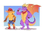 aged_up anthro claws clothing eyewear eyewear_on_head gloves goggles goggles_on_head green_eyes hair handwear kerchief male muscular muscular_male neckerchief neckwear nipples purple_body red_kerchief simple_background smile tail wings ijpalette-color activision crash_bandicoot_(series) mythology spyro_the_dragon balloonist_spyro crash_bandicoot spyro bandicoot dragon mammal marsupial mythological_creature mythological_scalie scalie digital_media_(artwork) hi_res