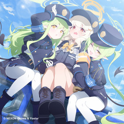 backpack belt blonde_hair blue_bottomwear blue_clothing blue_footwear blue_hat blue_headwear blue_shirt blue_shoes blue_shorts blue_skirt blue_sky blue_topwear blush bodily_fluids bottomwear bow_tie clothing cute_fangs ear_piercing ear_ring fangs female footwear gloves green_hair group hair hair_between_eyes halo handwear hat headgear headwear hug hugging_another legwear long_hair one_eye_closed open_mouth pantyhose piercing pointy_ears prick_ears ring_piercing shirt shoes shorts sitting skirt sky sweat tail teeth topwear trio white_clothing white_gloves white_handwear white_legwear white_pantyhose yellow_eyes young young_female young_humanoid jell_y_fish blue_archive nexon hikari_(blue_archive) nozomi_(blue_archive) utsumi_aoba demon demon_humanoid humanoid tailed_humanoid 1:1 hi_res