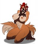 4_toes 5_fingers abs anthro areola athletic athletic_anthro athletic_female big_breasts black_nose blue_eyes blush breasts broad_shoulders brown_body brown_fur cheek_tuft claws facial_tuft feet female finger_claws fingers fur gloves_(marking) hair inner_ear_fluff kneeling leg_markings looking_at_viewer markings multicolored_body multicolored_fur muscular muscular_anthro muscular_female navel neck_tuft nipples nude pink_areola pink_nipples pose red_hair ruff shy simple_background socks_(marking) solo toe_claws toes tuft two_tone_body two_tone_fur white_background white_body white_fur blood_infestation amira_winters canid canine mammal maned_wolf 2022 digital_media_(artwork) hi_res