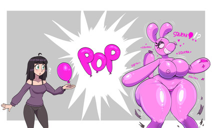 anthro balloon balloon_animal before_and_after big_breasts black_hair blush bottomwear breast_expansion breasts clothing expansion female grey_background growth hair human_to_anthro human_to_inanimate inflatable interrobang looking_up nipples nude open_mouth pants permanent_smile pink_body pop_(sound_effect) seam_(sewing) shirt simple_background smile solo species_transformation squeaking standing surprised surprsied tail tail_growth thick_thighs thigh_expansion topwear transformation wide_hips flybeeth animate_inanimate canid human living_inflatable mammal 2026 absurd_res digital_media_(artwork) hi_res