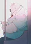 anthro belly book bottomwear clothing eyewear glasses humanoid_hands kemono male necktie overweight overweight_male pants reading shirt sitting solo topwear dumdum bear mammal 2021 hi_res