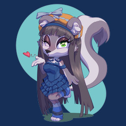 abstract_background anthro beret big_breasts blowing_kiss breasts clothing cute_pose dress eyeshadow female fluffy fluffy_tail hair hat headgear headwear heart_symbol long_hair makeup pose shortstack solo tail toony turkojar asiri_gavil mammal mephitid skunk absurd_res alpha_channel hi_res pinup