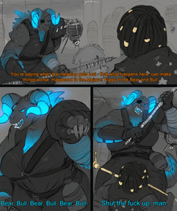 anthro armor axe blah_blah_blah breasts canteen claws cleavage clothed clothing dialogue dreadlocks eye_patch eye_scar eyewear facial_scar female gauntlets gloves glowing glowing_breasts glowing_eyes glowing_horn glowing_mouth glowing_tail group handwear horn machine male male/female muscular muscular_female profanity scar spikes straps tail text weapon doctordj fallout microsoft ed-e_(fallout) mirva_(beatleboy62) ulysses_(fallout) deathclaw human mammal quantum_deathclaw robot scalie 2024 animated animated_comic comic english_text hi_res