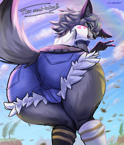anthro big_butt biped black_clothing black_eyebrows black_footwear black_nose black_socks blue_bottomwear blue_clothing blue_eyes blue_shorts blush bottomwear butt camel_toe clothed clothed_anthro clothed_female clothing cloud day denim denim_bottomwear denim_clothing denim_shorts ear_piercing ear_ring eyebrows eyelashes fangs female female_anthro fingerpads footwear fully_clothed fully_clothed_anthro fully_clothed_female fur furgonomic_bottomwear furgonomic_shorts furgonomics genital_outline gesture glistening glistening_eyes grey_body grey_fur grey_hair grey_inner_ear_fluff grey_tail hair hand_gesture inner_ear_fluff looking_at_viewer looking_back looking_back_at_viewer multicolored_clothing multicolored_footwear multicolored_socks one_eye_closed open_mouth outside pawpads piercing pink_pawpads pockets print_clothing print_shirt print_topwear question ring_piercing shirt shorts socks solo speech_bubble tail talking_to_viewer teeth text topwear tuft two_tone_clothing two_tone_footwear two_tone_socks v_sign vulva_outline white_clothing white_footwear white_shirt white_socks white_topwear wink winking_at_viewer yellow_clothing yellow_footwear yellow_socks carbonfloof epic_games fortnite wolfie_(fortnite) canid canine canis mammal wolf 2026 absurd_res artist_name digital_media_(artwork) english_text hi_res