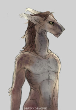 anthro arkhaas brown_body brown_fur brown_hair ears_down fur green_eyes hair long_neck male markings muscular muscular_anthro muscular_male nude_male pivoted_ears puffed_cheeks sketchy solo spots spotted_body spotted_fur drunkmagpie hybrid half-length_portrait hi_res portrait sketch